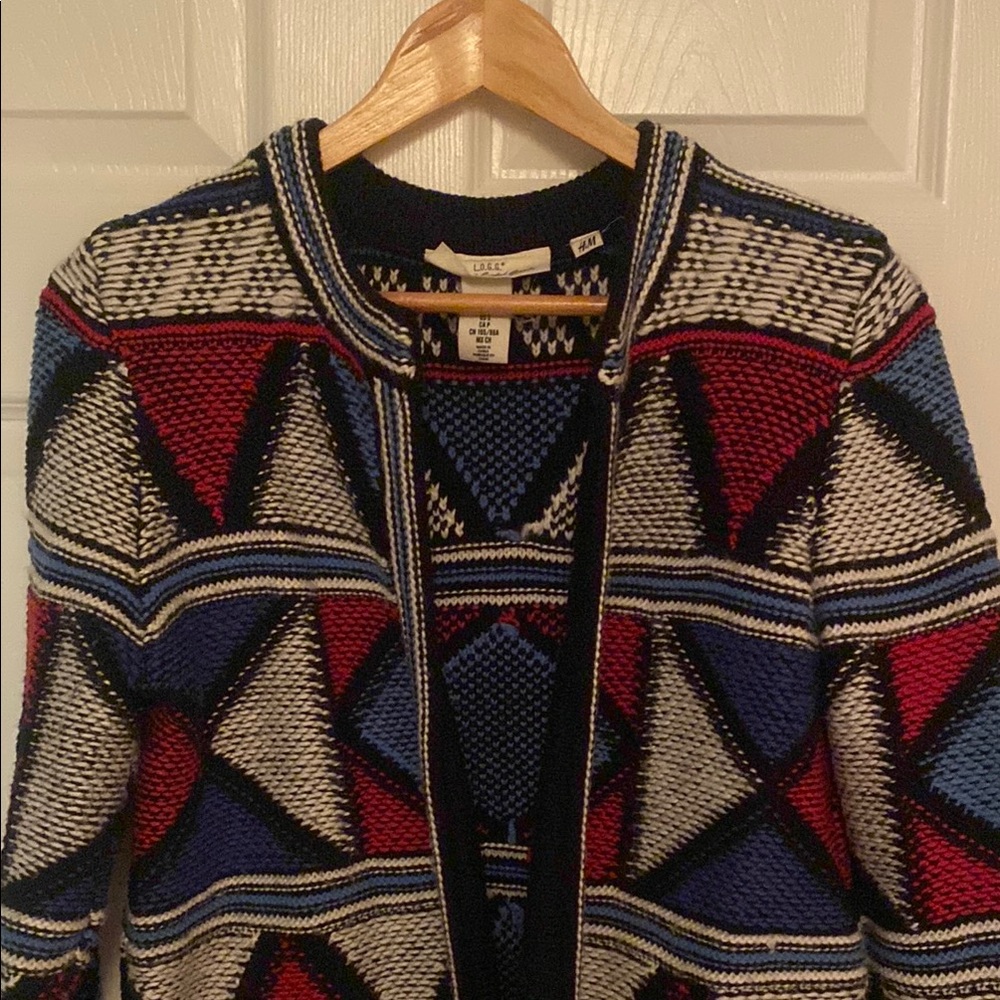 Red and Blue Geometric Cardigan Sweater